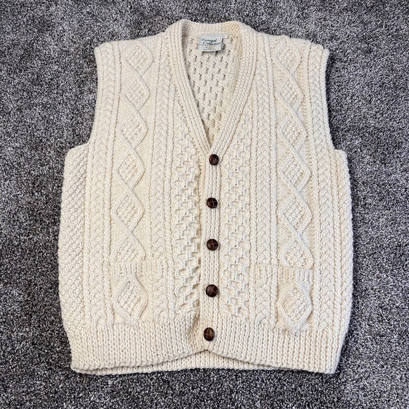 Vintage Donegal Size L Aran Knit Wool Cardigan Vest Irish Fisherman Magee Cream
